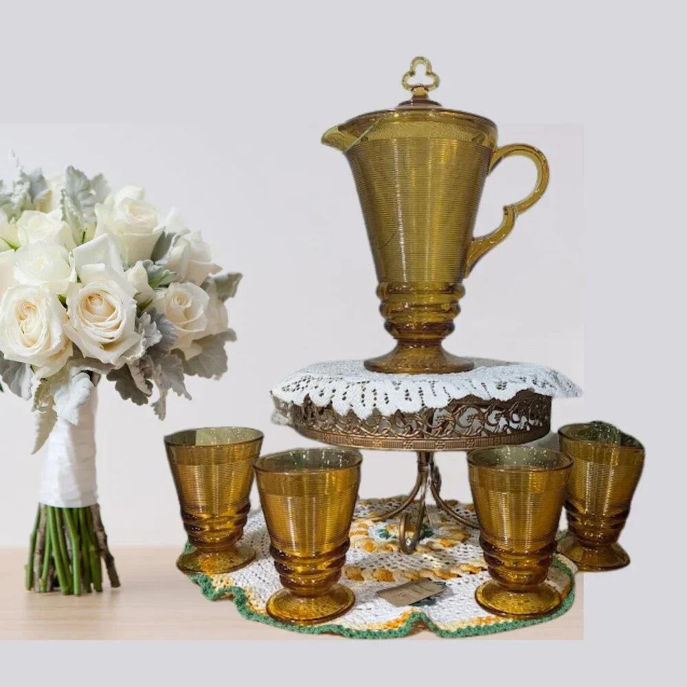Indiana Depression Glass Old English Threading Amber Pitcher with 4 Glasses